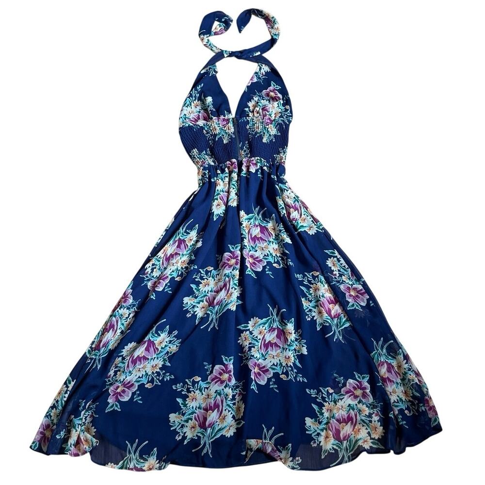 VTG Y2K Betsey Johnson Navy Floral Midi Halter Dress XS Romantic Garden Party